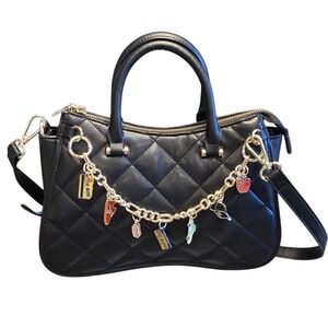 Steve Madden Sparrow Black Quilted Satchel Crossbody Bag Gold Charm Chain New